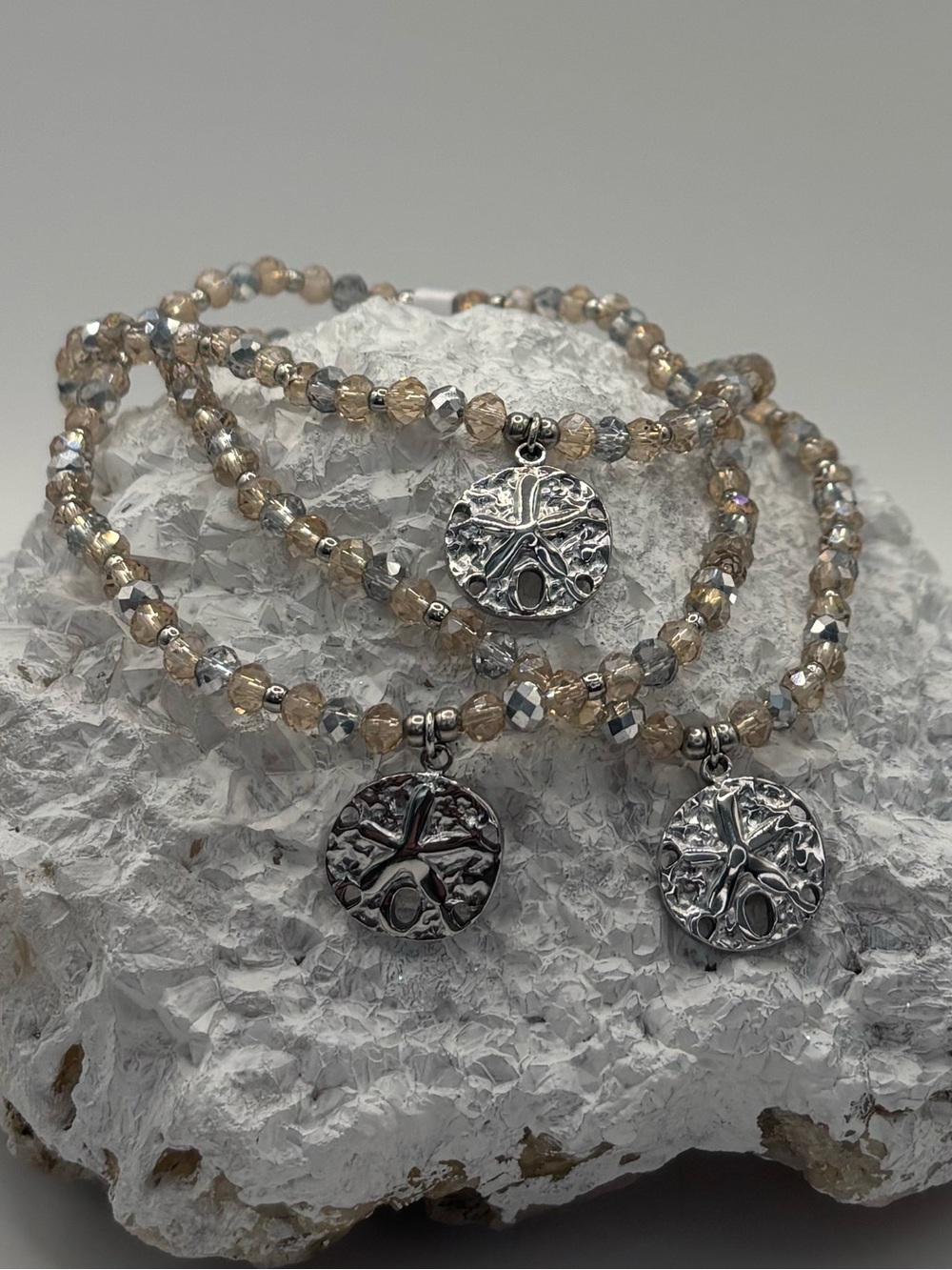 *ANKLET* S. Steel Silver Sand Dollar with Champagne Crystal Stretchy Anklet - Picture 7 of 7